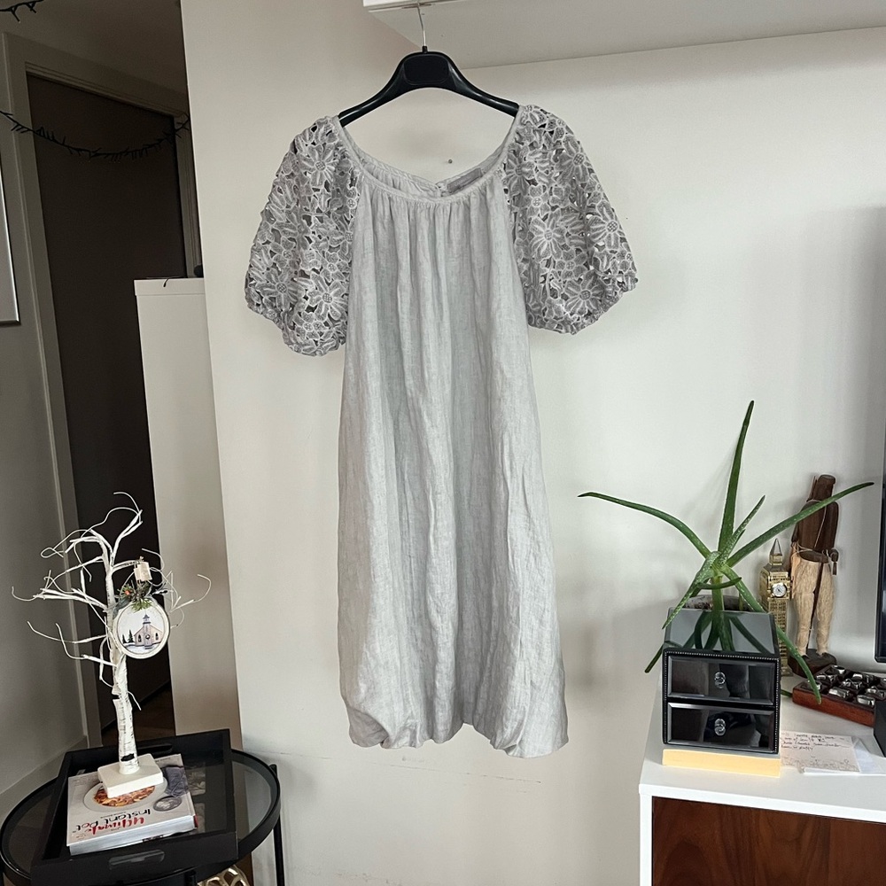 Made in Italy Carina Ricci Pure Linen Boho Egg Shell Elegant Lace Sleeve Dress
